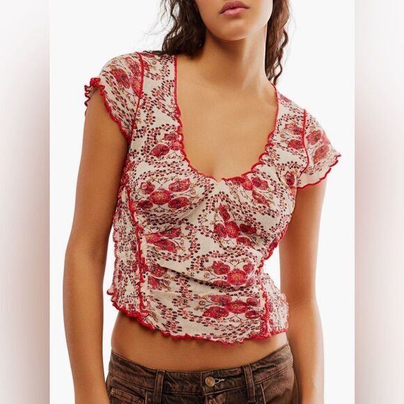 NWT Free People Oh My‎ Baby Mesh Crop Top in Red - M - Picture 1 of 14